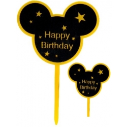 Topper dekoracja na tort napis HAPPY BIRTHDAY myszka złoty czarny urodziny